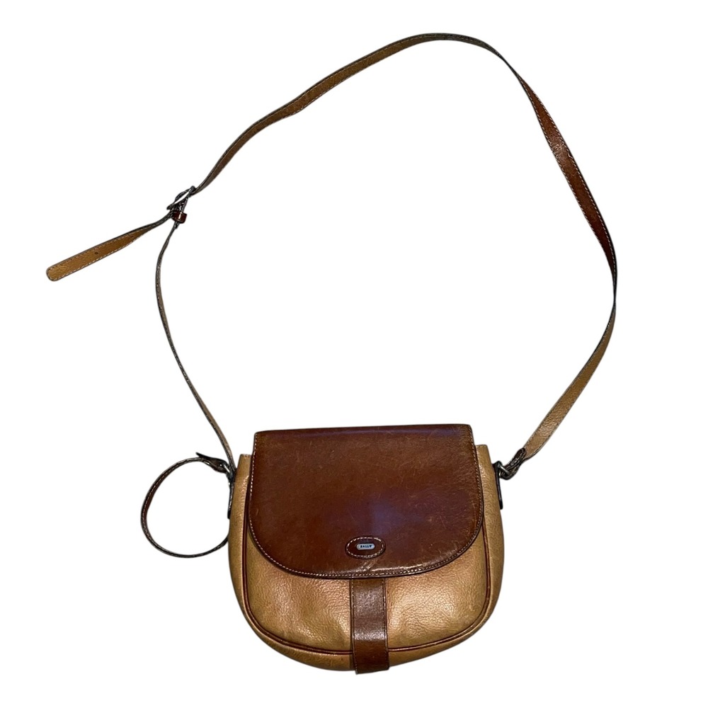 Bally Vintage Two Tone Tan Brown Leather Crossbody Saddle Bag Made in Italy